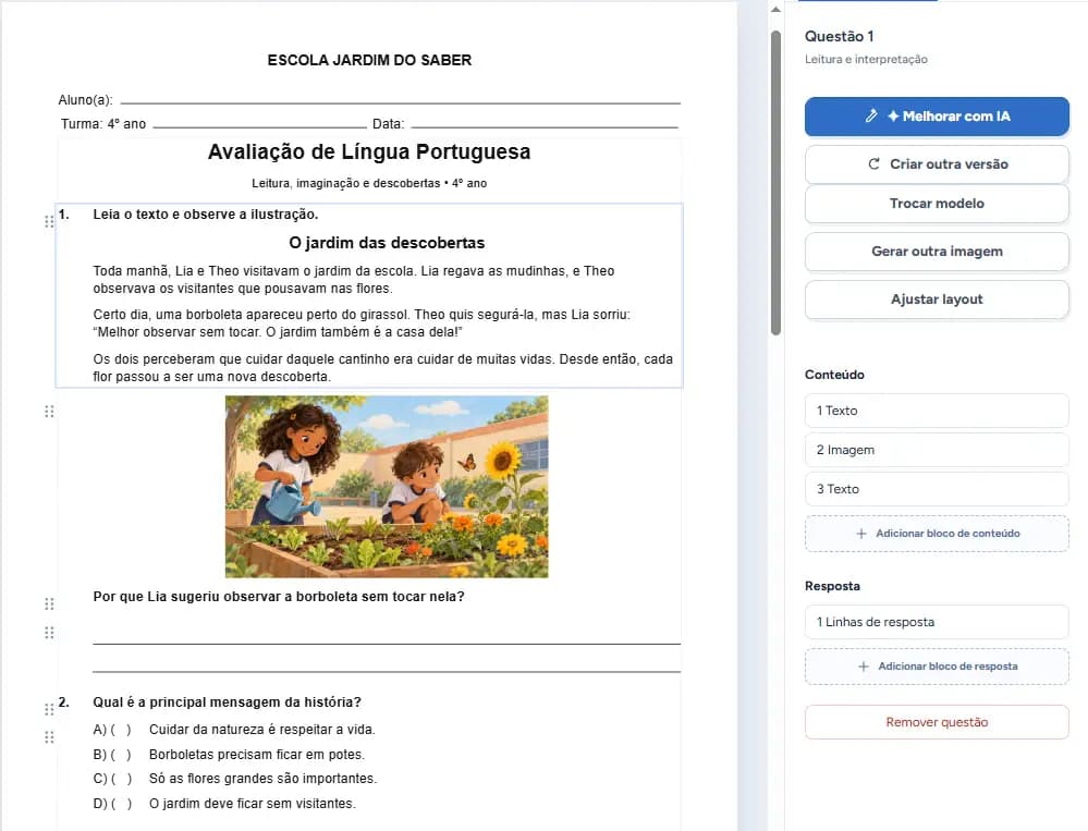 Editor do Provinhas com uma avaliação ilustrada de Língua Portuguesa, lista de questões e ferramentas de edição.