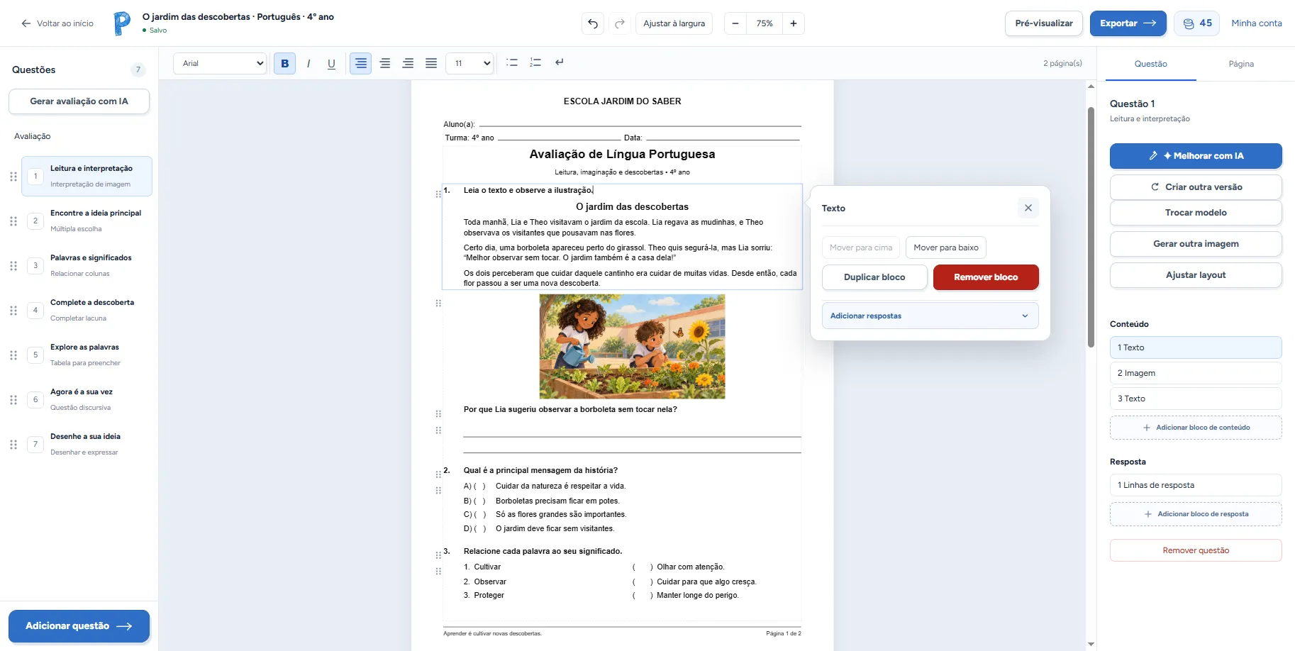 Editor do Provinhas com uma avaliação ilustrada de Língua Portuguesa, lista de questões e ferramentas de edição.